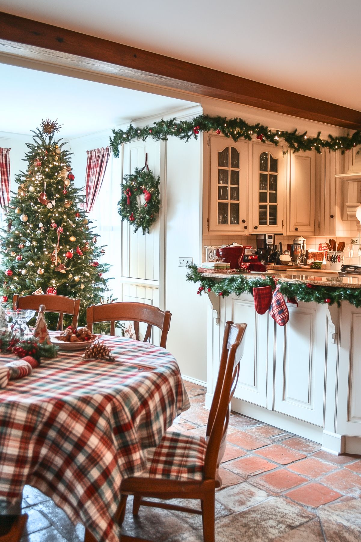 A kitchen and dining area decorated for Christmas. A Christmas tree with red, gold, and white ornaments stands in the dining area, with plaid curtains matching the tablecloth on the dining table. The table is set with a holiday centerpiece and tableware. The kitchen features light cream-colored cabinets, and garlands with red bows are draped along the top cabinets and the breakfast bar. Stockings are hung on the edge of the counter, and a wreath is displayed on a door near the tree.