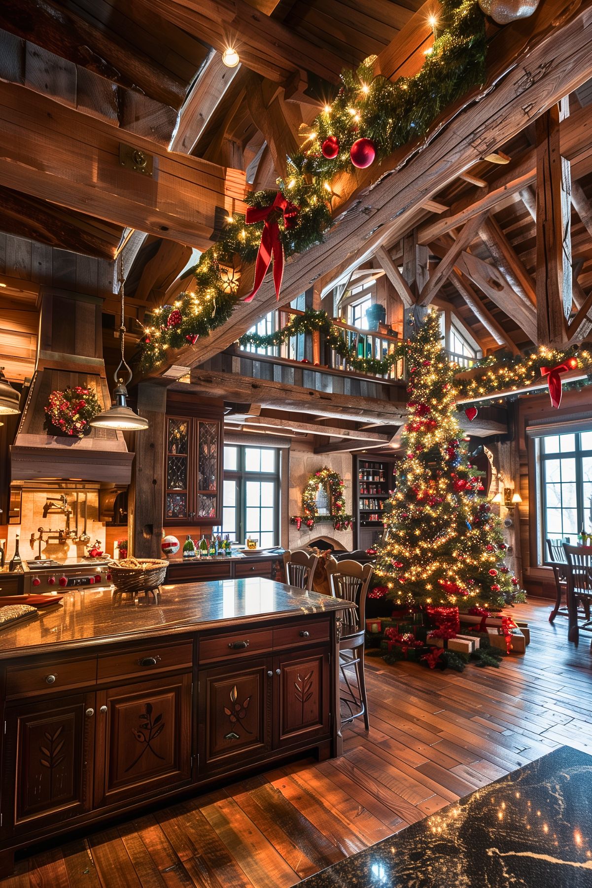 A rustic, lodge-style kitchen decorated for Christmas with high wooden beams and rich, dark wood cabinetry. The large space is filled with festive holiday cheer, featuring a beautifully lit Christmas tree adorned with red bows and ornaments, with presents underneath. Garlands with twinkling lights and red ribbons are draped along the wooden beams and stair railing. The kitchen island, made of dark polished wood, serves as the centerpiece, with holiday decor arranged throughout the room. Wreaths hang on windows and doors, and the warm glow from the fireplace adds to the cozy, festive atmosphere.