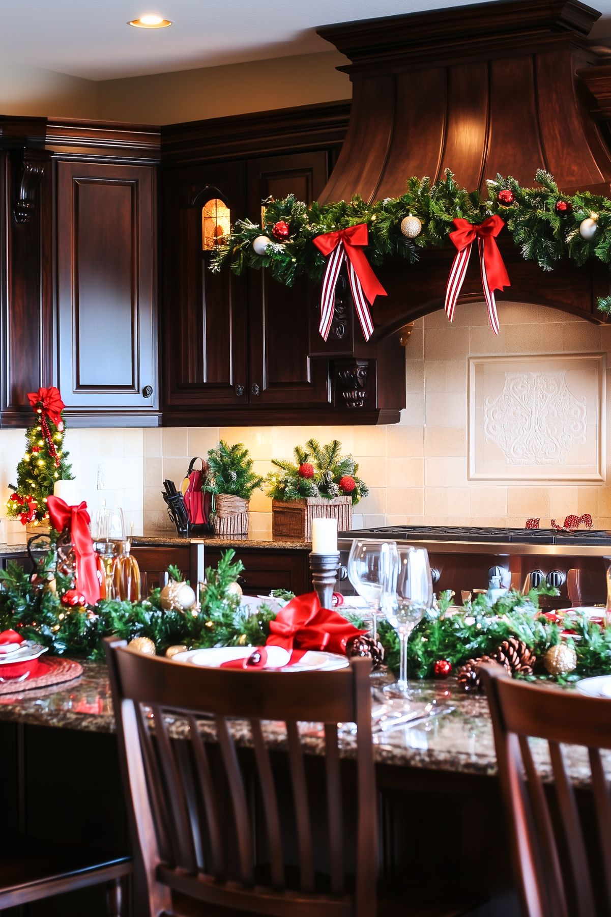 A kitchen decorated for Christmas with rich, dark wood cabinetry and festive garlands. The kitchen hood is adorned with a garland featuring red and white ornaments, pinecones, and large red bows. The island countertop is set with a holiday tablescape, including red-ribboned napkins, wine glasses, and a centerpiece of greenery with gold ornaments. Small potted evergreen decorations are placed near the stove, adding to the festive atmosphere. The warm tones of the kitchen, combined with the holiday decor, create a cozy and elegant holiday setting.