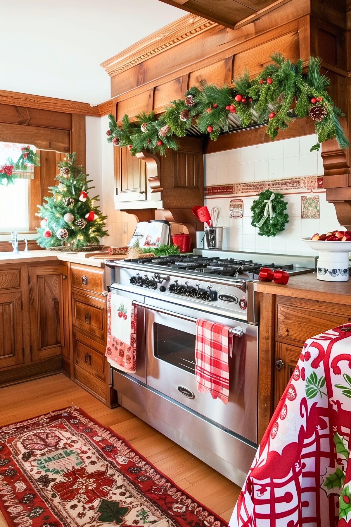 A cozy, traditional kitchen decorated for Christmas with warm wooden cabinetry and a festive atmosphere. The range is adorned with holiday-themed towels, and a garland of greenery, pinecones, and berries decorates the mantle above the stove. A small, decorated Christmas tree with red and white ornaments is placed by the window, adding charm to the space. The backsplash features red and white tiles, complementing the seasonal decor. A small wreath hangs on the wall, while the table and rug both feature red and green patterns, further enhancing the holiday spirit in this inviting kitchen.