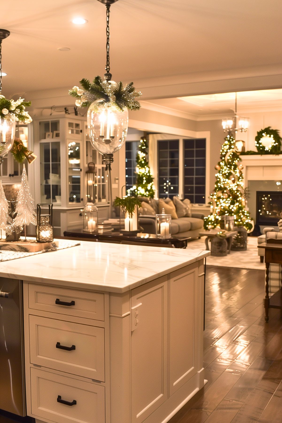 A beautifully decorated open-concept kitchen and living area for Christmas. The kitchen island features a marble countertop, and pendant lights adorned with greenery and frosted ornaments hang overhead. In the background, the living room is filled with holiday cheer, with two Christmas trees lit with white lights and gold decorations. The fireplace is decorated with wreaths, and candles are placed throughout the room, adding warmth and ambiance. The hardwood floors shine, reflecting the soft glow of the holiday lights, creating a cozy and elegant atmosphere.