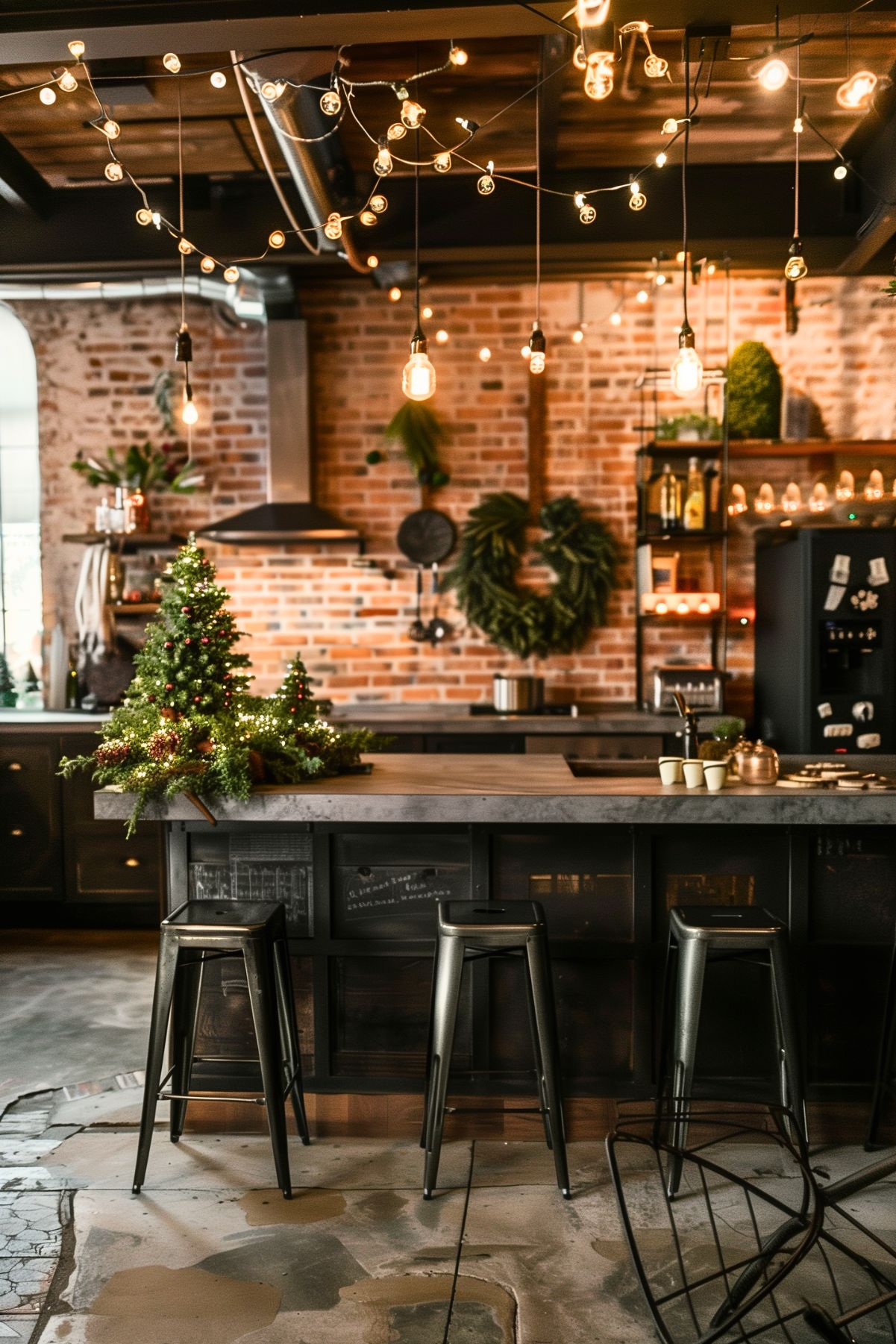 An industrial-style kitchen decorated for Christmas, with exposed brick walls and a modern, minimalist vibe. The large kitchen island features a small Christmas tree centerpiece adorned with twinkling lights, adding festive warmth to the space. String lights and hanging Edison bulbs create a cozy ambiance, illuminating the dark metal and wood elements of the kitchen. A wreath hangs on the brick wall near open shelving, which is decorated with small holiday touches. The combination of industrial design and holiday decor gives the kitchen a chic, contemporary feel with a touch of Christmas spirit.