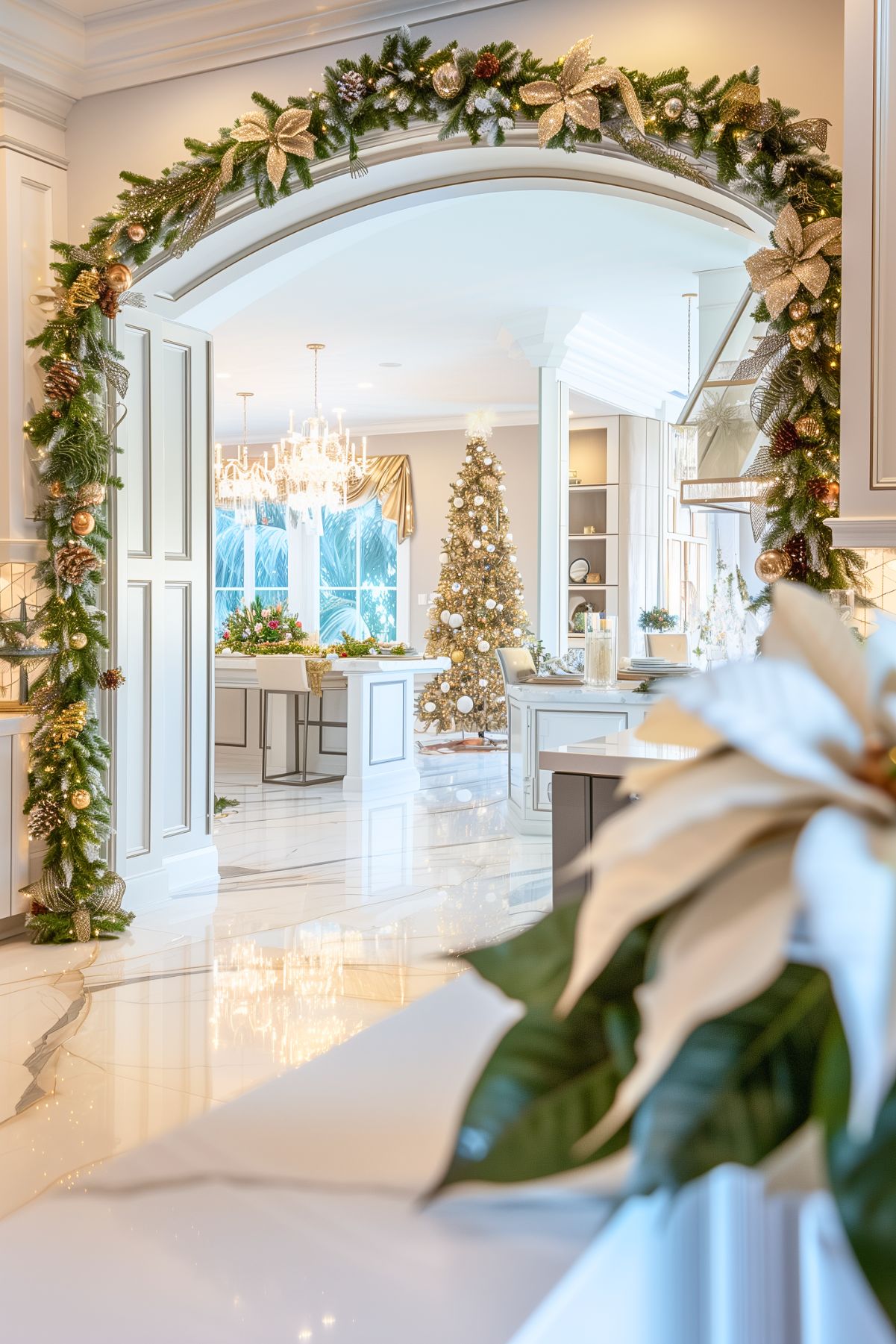 A luxurious kitchen and living space decorated for Christmas. A grand archway, draped with garlands of greenery, gold bows, and ornaments, leads into the dining area where a tall Christmas tree, decorated in gold and white, stands near the windows. Crystal chandeliers add elegance, reflecting light off the polished marble floors. The decor is cohesive, with greenery and gold accents throughout, creating a festive and sophisticated holiday atmosphere. The white cabinetry and detailed moldings further enhance the opulent feel of the space.