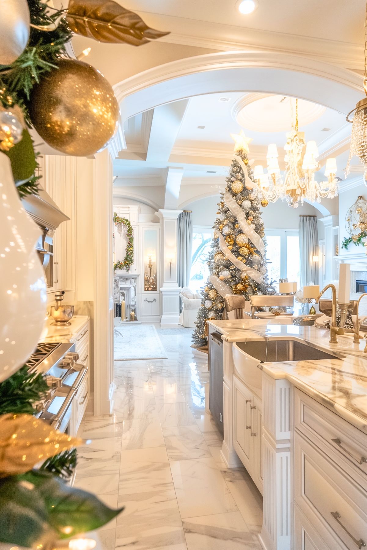 An elegant kitchen and living area beautifully decorated for Christmas with a luxurious, light and airy feel. The kitchen features white cabinetry, marble countertops, and high-end fixtures, creating a sophisticated atmosphere. A grand Christmas tree, adorned with gold and white ornaments and ribbon, stands prominently in the living room, visible through the arched doorway. Chandeliers add a touch of opulence to the space, and festive garlands and wreaths with gold accents are placed throughout the home, enhancing the holiday decor. The polished marble floors reflect the warm glow of the holiday lights, creating a stunning and festive ambiance.