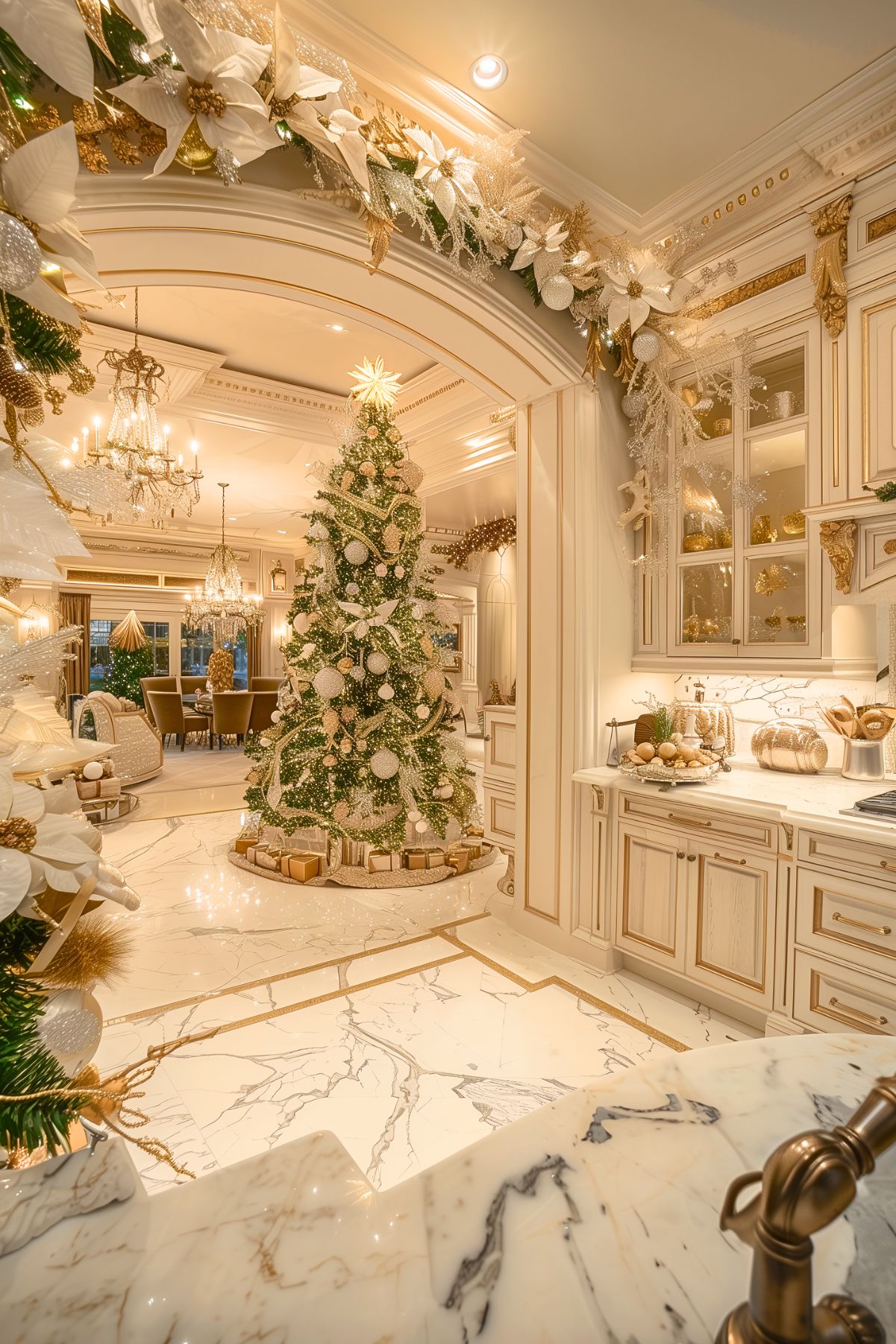 An opulent kitchen and living space decorated for Christmas, featuring a grand tree adorned with white and gold ornaments and ribbon. The floor is marble, complementing the intricate gold detailing on the cabinetry and molding. A large archway decorated with white poinsettias, gold accents, and greenery frames the view of the tree and the adjacent dining area. Elegant chandeliers hang from the ceiling, adding to the luxurious feel. The kitchen counter is styled with festive decor, including gold ornaments and a centerpiece. Wrapped presents are placed around the base of the Christmas tree.