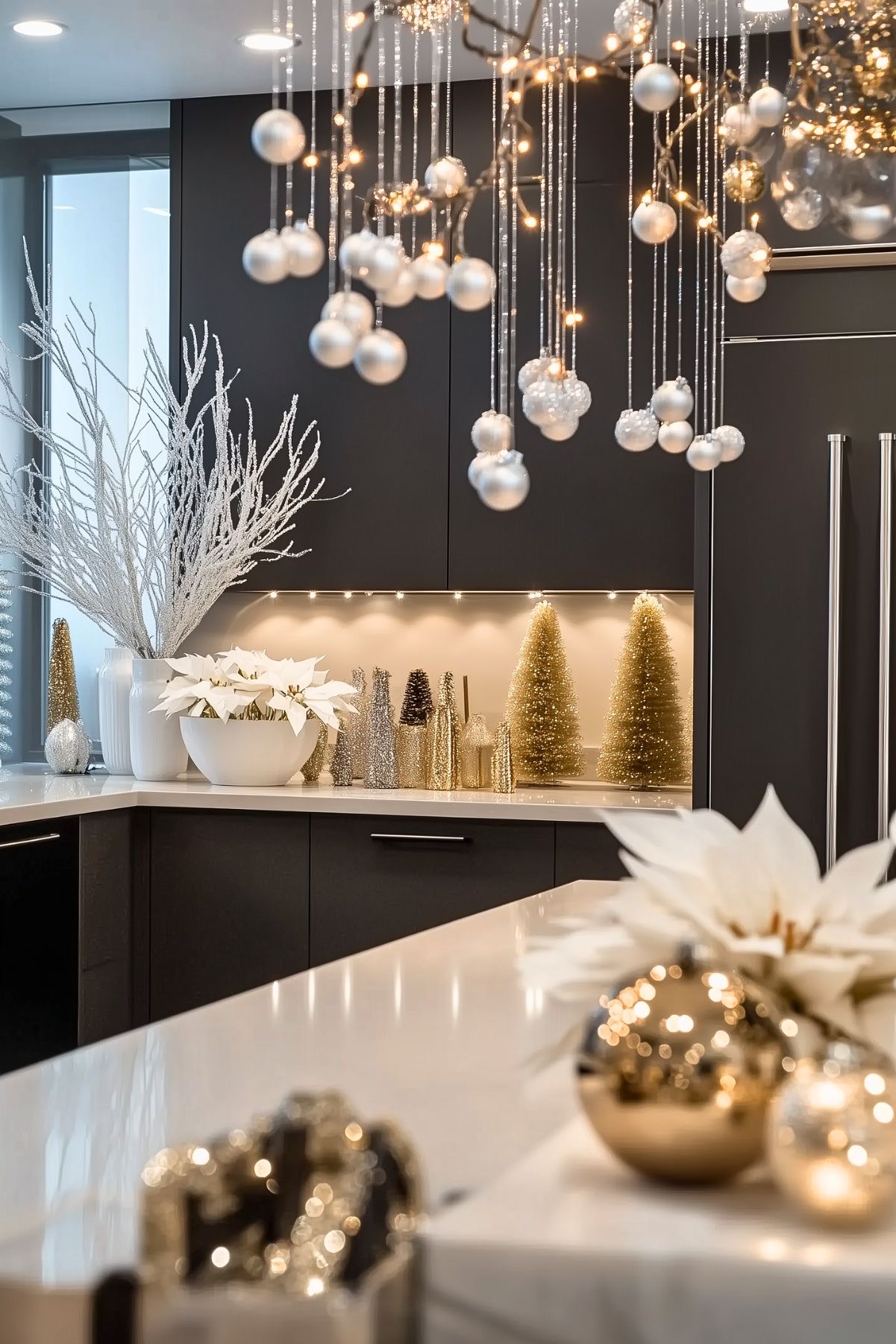 A sleek, modern kitchen decorated for Christmas with an elegant and minimalist style. The countertops feature a beautiful display of gold and silver bottle brush trees, shimmering under soft under-cabinet lighting. White poinsettias are arranged in a simple, stylish bowl, adding a natural yet festive touch. Hanging above the island are delicate string lights and white ornaments, creating a sophisticated holiday ambiance. The combination of dark cabinetry, clean white surfaces, and sparkling decor creates a chic and contemporary festive look.