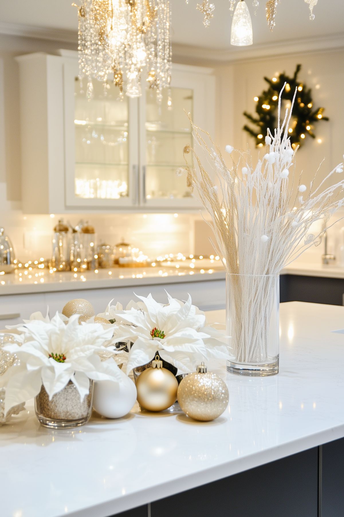 A luxurious kitchen decorated in a winter white and gold Christmas theme. The island is adorned with white poinsettias in glass vases, surrounded by gold and white ornaments. A clear vase filled with elegant white and gold branches adds height and texture to the decor. Warm string lights line the countertops and reflect softly off the glass cabinetry, creating a cozy ambiance. A sparkling chandelier adds a touch of glamour to the space, while a wreath with twinkling lights in the background complements the elegant holiday theme. The overall feel is modern, chic, and festive.