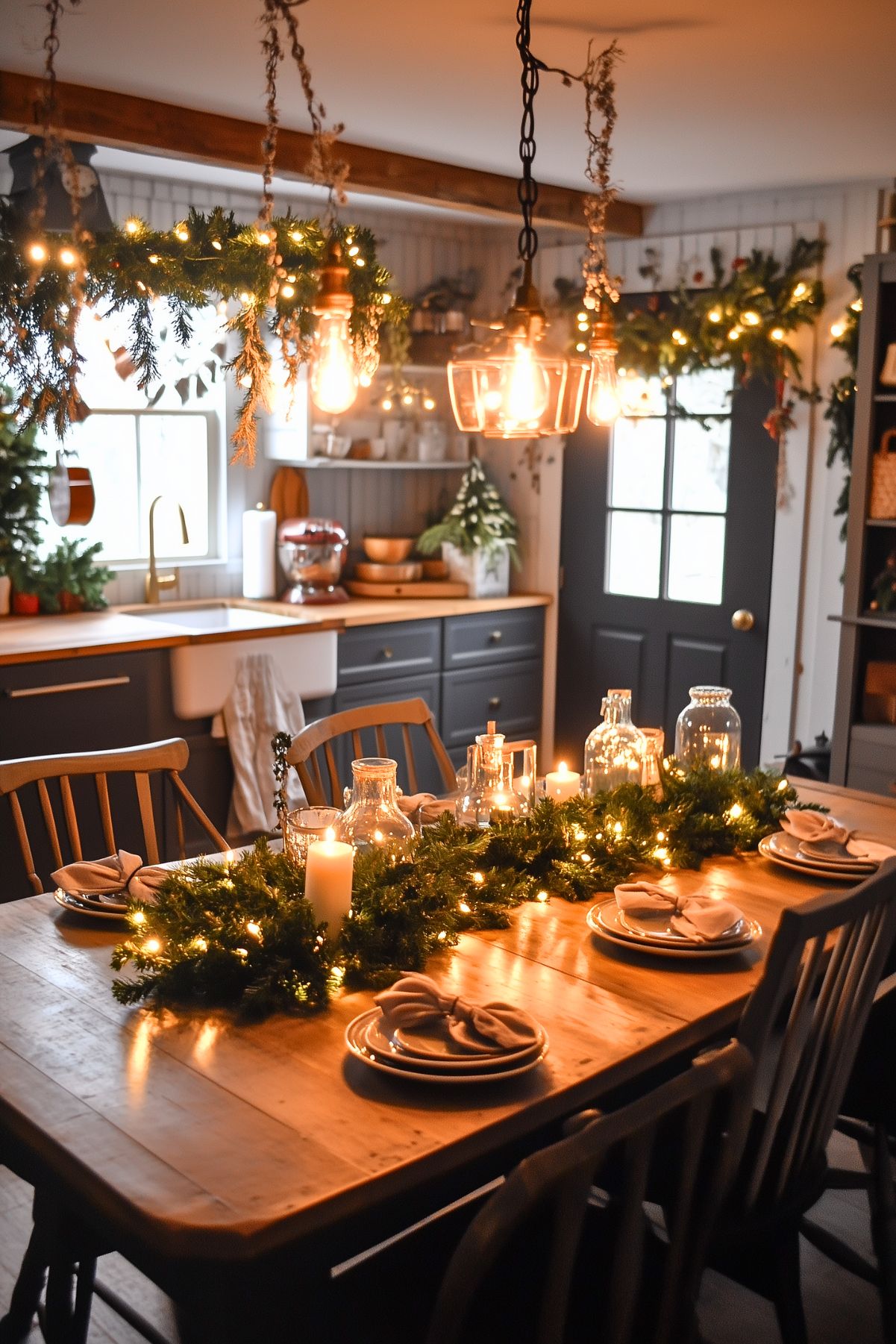 A cozy kitchen decorated for Christmas with a rustic, warm feel. A wooden dining table is set with neutral-toned plates and napkins, and a centerpiece made of greenery and candles, illuminated by string lights. Hanging above the table are exposed bulb pendant lights, adding a vintage touch. The kitchen has dark cabinetry with wooden countertops, and festive garlands with lights adorn the window and shelves. A farmhouse sink is visible in the background, adding to the inviting, homey atmosphere of the space. The soft lighting and greenery create a charming holiday ambiance.