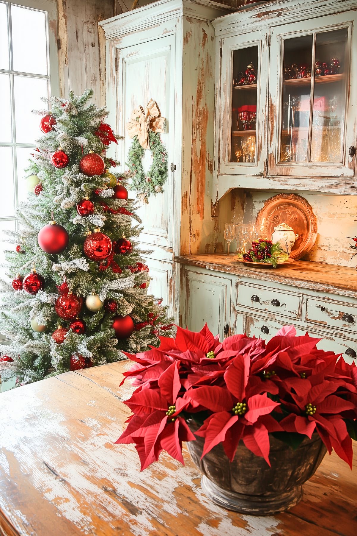 A rustic kitchen decorated for Christmas with a charming, vintage feel. A small Christmas tree, adorned with red and gold ornaments, stands next to an antique, distressed cabinet. The cabinet is decorated with a simple wreath, tied with a gold ribbon, and displays holiday glassware inside. On the wooden table, a large pot of vibrant red poinsettias adds a festive touch to the scene. The combination of aged wood, muted green tones, and bold red accents creates a warm, nostalgic holiday atmosphere perfect for a cozy, farmhouse-style kitchen.