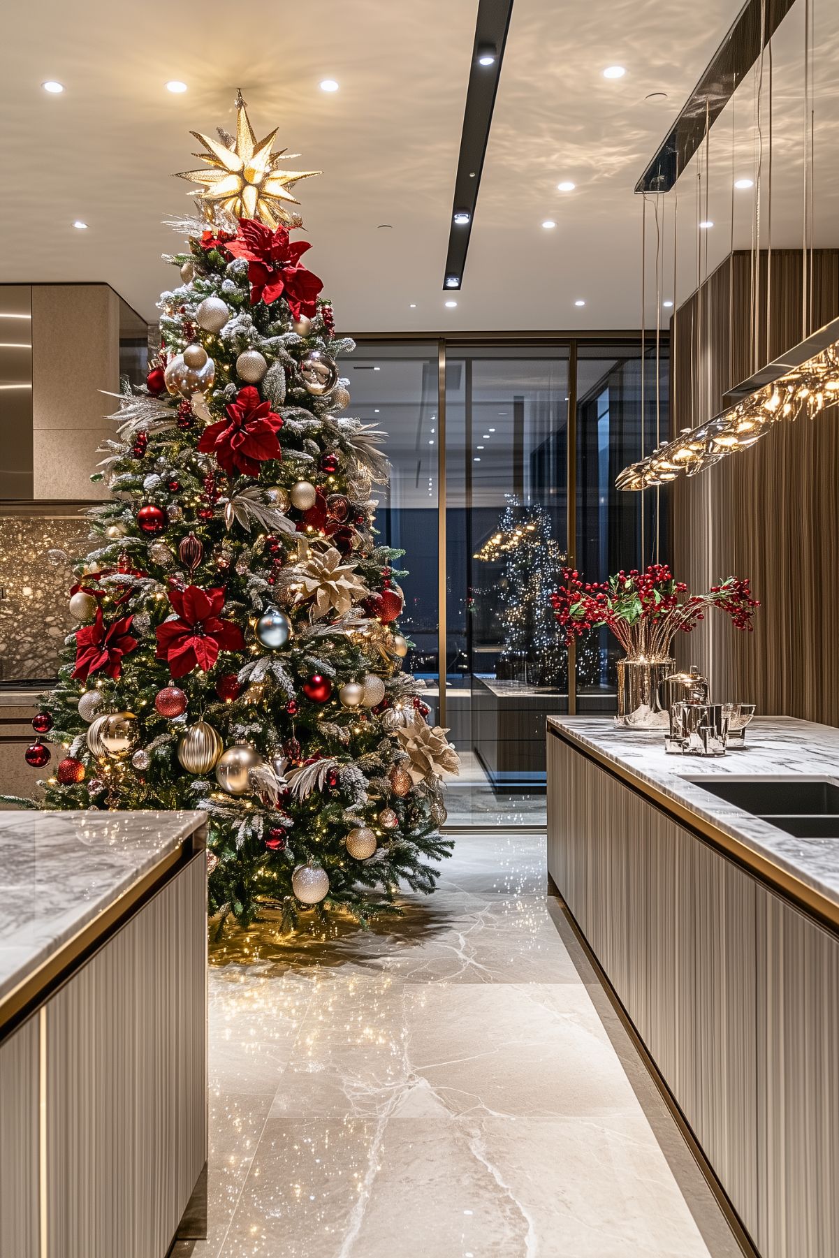 A luxurious and modern kitchen decorated for Christmas with a stunning, large tree as the centerpiece. The tree is beautifully adorned with red poinsettias, gold ornaments, and sparkling lights, crowned with a radiant star at the top. The sleek kitchen features marble countertops, contemporary lighting fixtures, and clean lines, creating a sophisticated and elegant atmosphere. A vase filled with red berries adds a festive touch to the kitchen island, while the polished marble floors reflect the soft glow of the holiday lights, enhancing the overall festive ambiance. The decor combines modern elegance with traditional holiday warmth.