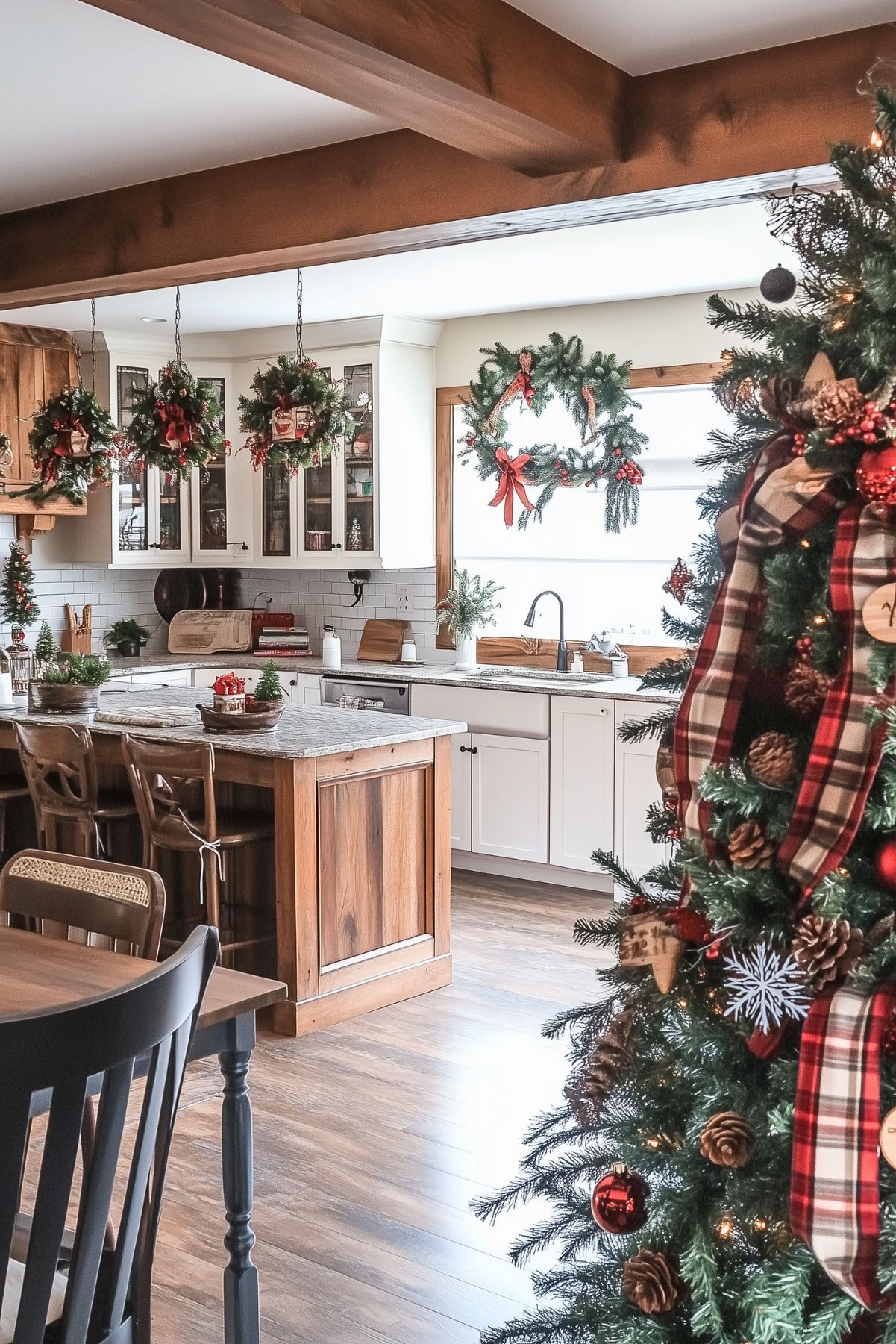 A kitchen decorated for Christmas featuring a rustic theme. A Christmas tree adorned with plaid ribbons, pinecones, and red ornaments stands in the foreground. In the background, the kitchen has a large island with a wooden base, surrounded by metal and wood barstools. Wreaths with red bows and festive greenery hang above the island and on the window over the sink. The cabinets are white, and natural wood beams accent the ceiling. The kitchen has a cozy, farmhouse feel with holiday decor enhancing the warm, inviting atmosphere.