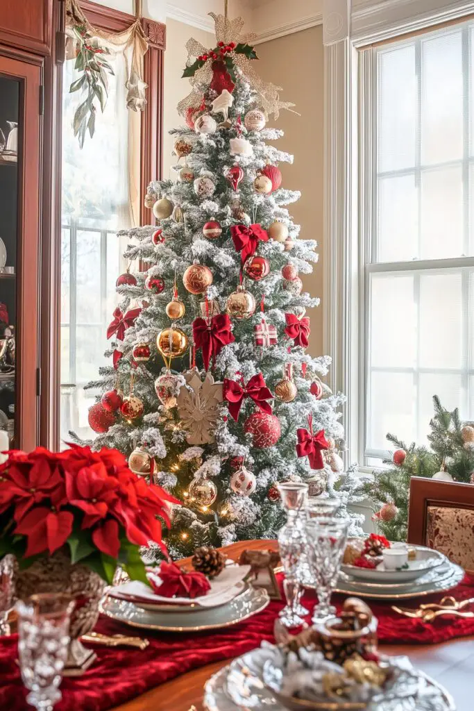 A Christmas tree decorated with red bows, gold and red ornaments, and topped with a gold star is placed in a dining room next to a window. The tree is flocked with artificial snow. A dining table is set in front of the tree, featuring plates, crystal glasses, silverware, and a centerpiece with poinsettias and pinecones, all arranged on a red velvet table runner.