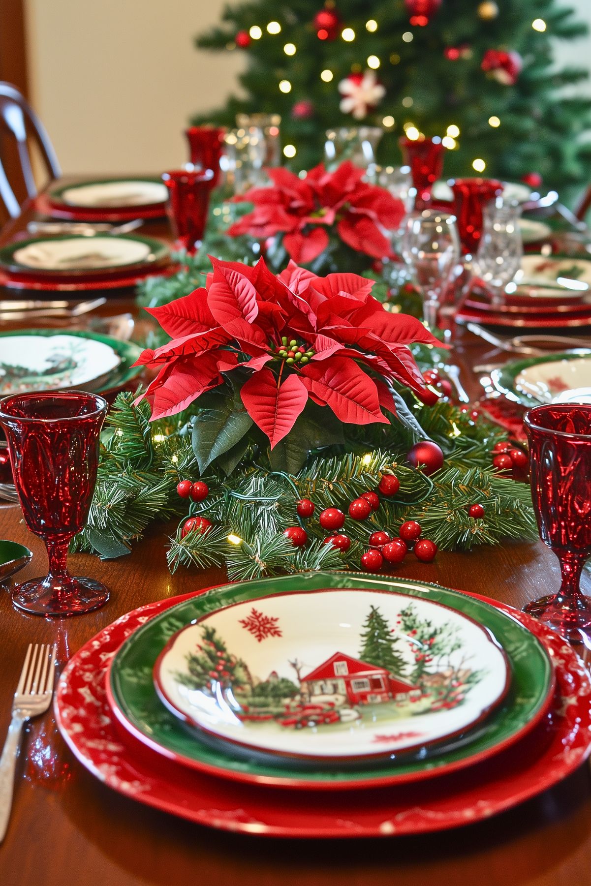 Festive holiday table with red poinsettia centerpieces, green and red plates, and berry accents, creating a classic Christmas setting full of warmth and cheer.