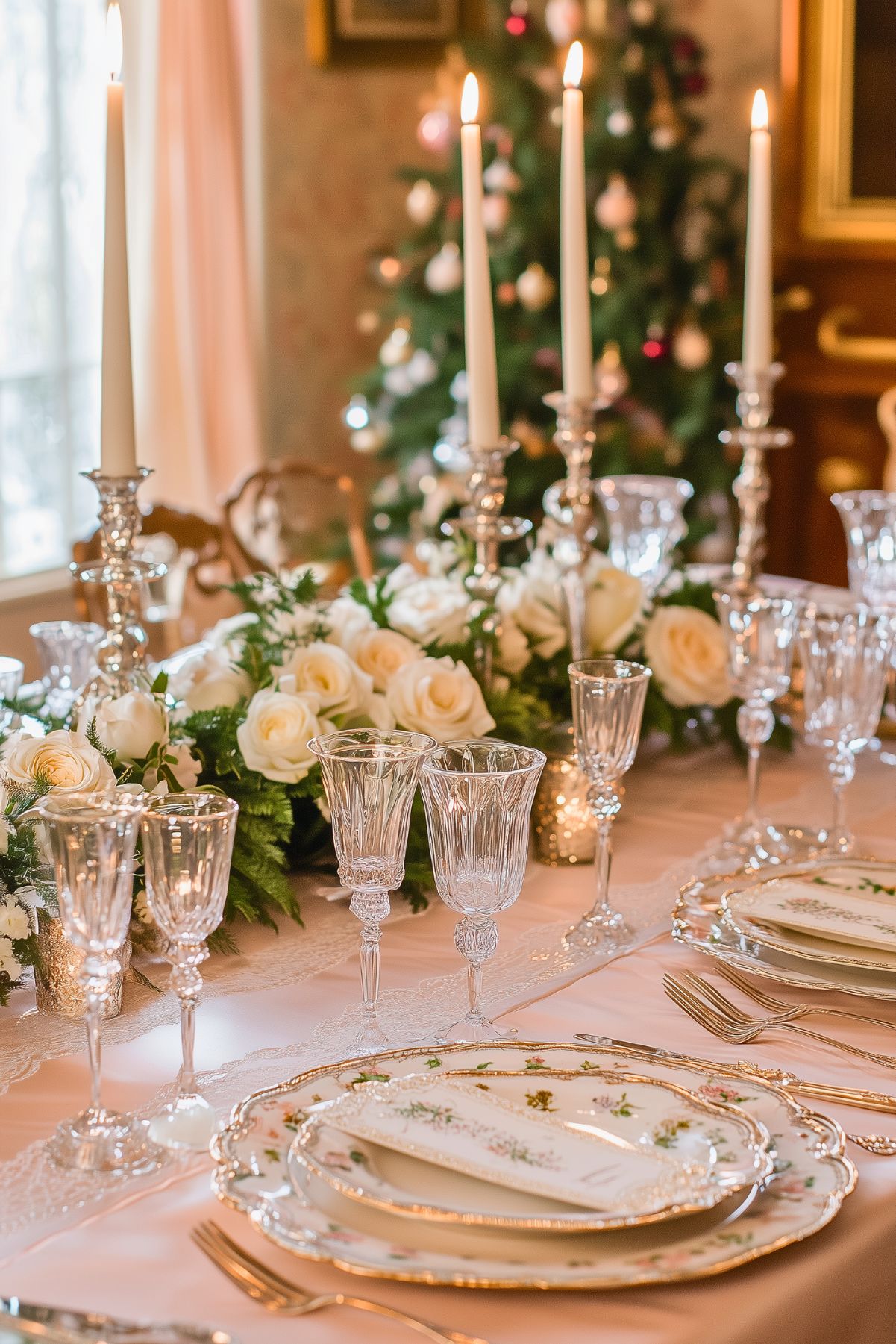 Elegant Christmas table setting with crystal glassware, floral arrangements, and tall candle holders, creating a refined and classic holiday ambiance.