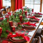 Festive holiday table setting with lush greenery, red accents, and plaid runners, perfect for a cozy Christmas gathering.