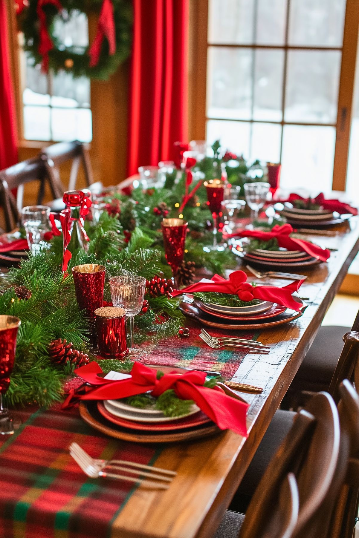 Festive holiday table setting with lush greenery, red accents, and plaid runners, perfect for a cozy Christmas gathering.