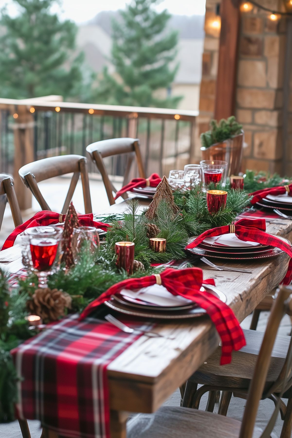 Rustic holiday table setting with plaid accents, red bows, and evergreen garlands, creating a warm and inviting outdoor Christmas ambiance.