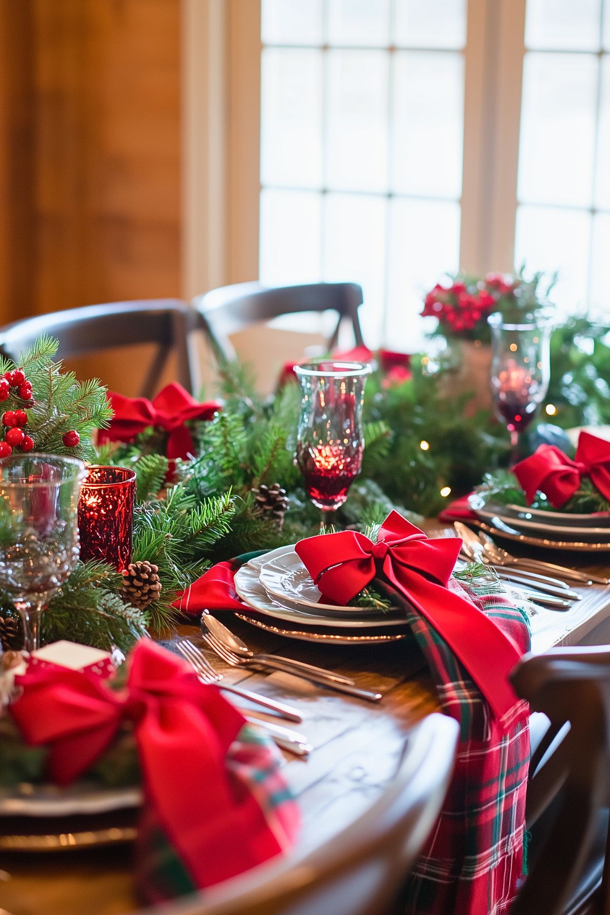 Festive Christmas table setting with lush greenery, red bows, and plaid accents, creating a warm and inviting holiday atmosphere.