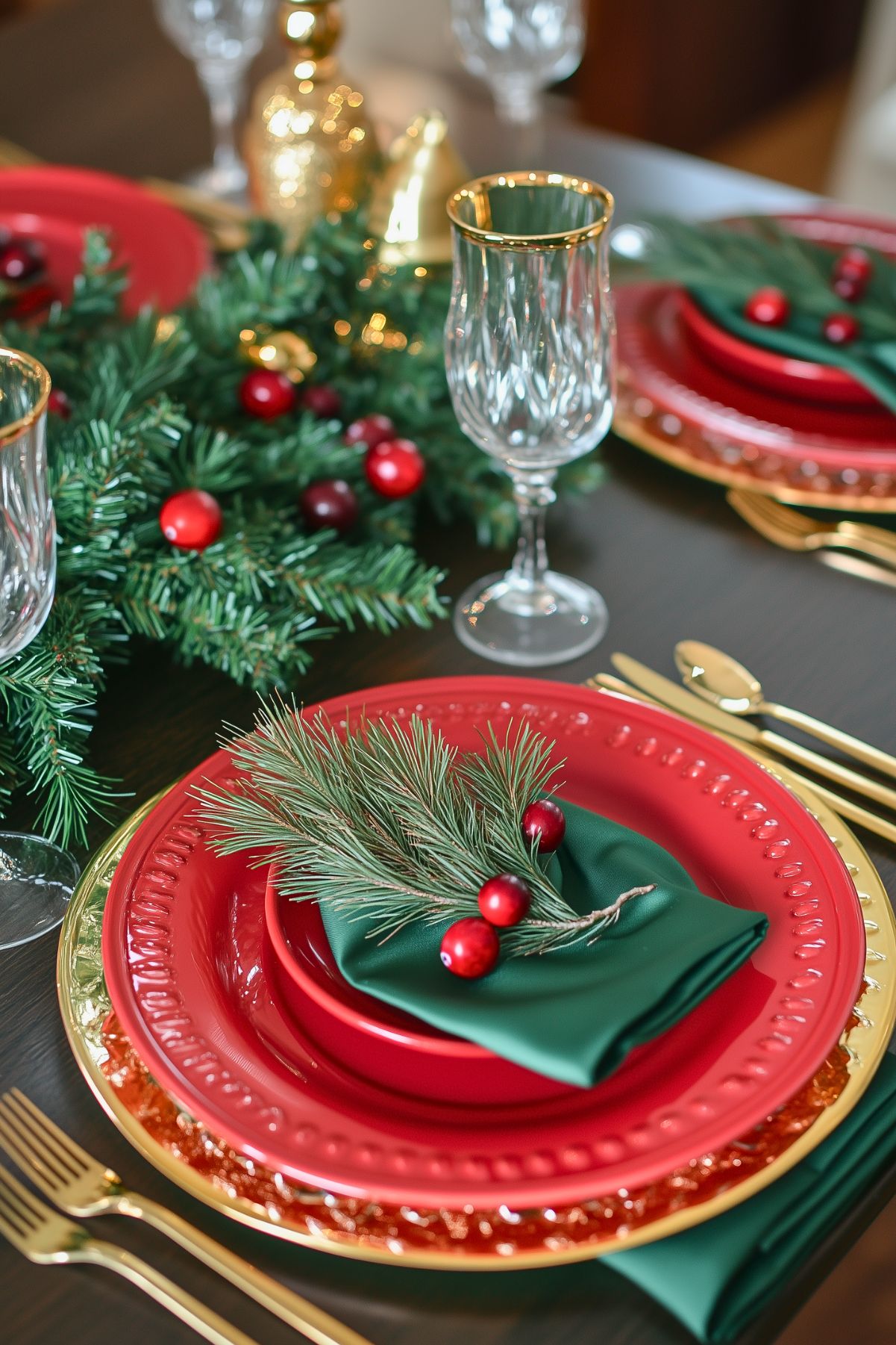 Festive holiday table setting with rich red plates, gold-rimmed glassware, and evergreen accents, perfect for an elegant Christmas dinner.