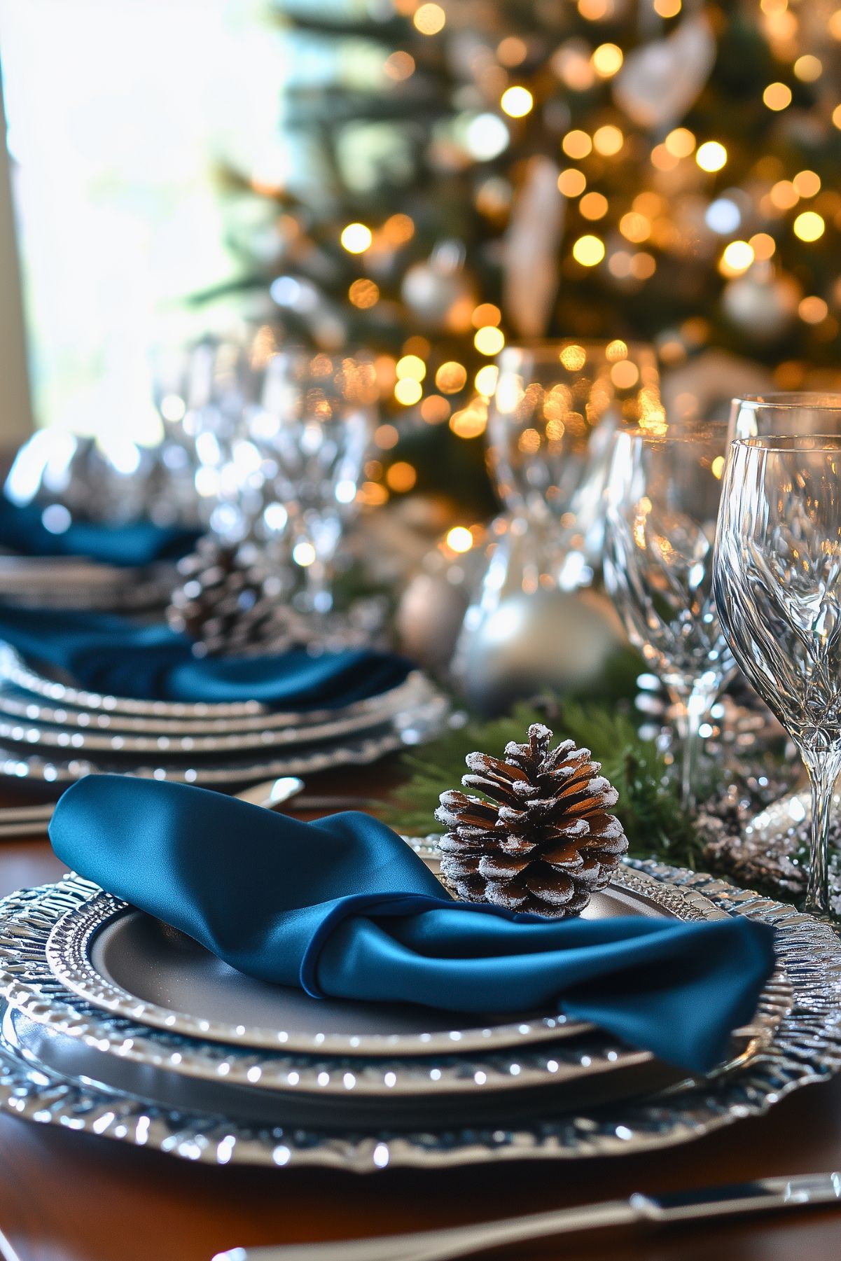 Elegant holiday table setting with silver accents, teal napkins, and frosted pinecones, perfect for a winter wonderland Christmas theme