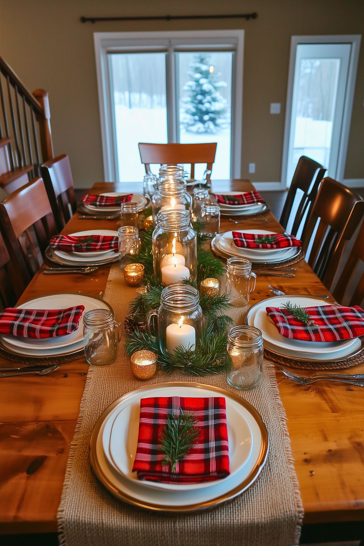 Cozy Christmas table setting with plaid napkins, mason jar candles, and evergreen garlands on a rustic burlap runner, perfect for a warm holiday gathering.