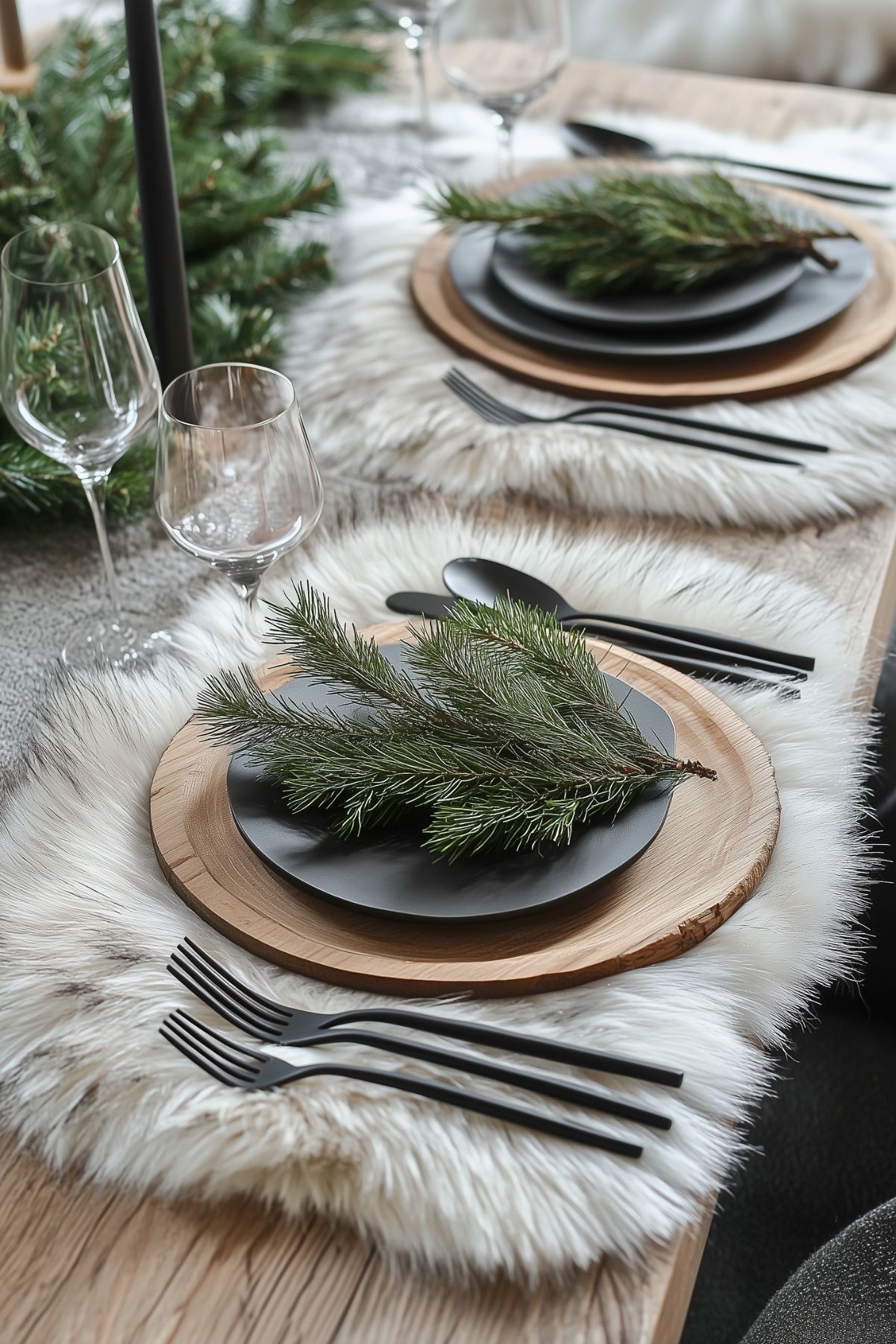 Modern minimalist holiday table with fur placemats, black flatware, and natural pine accents, offering a cozy yet elegant winter look