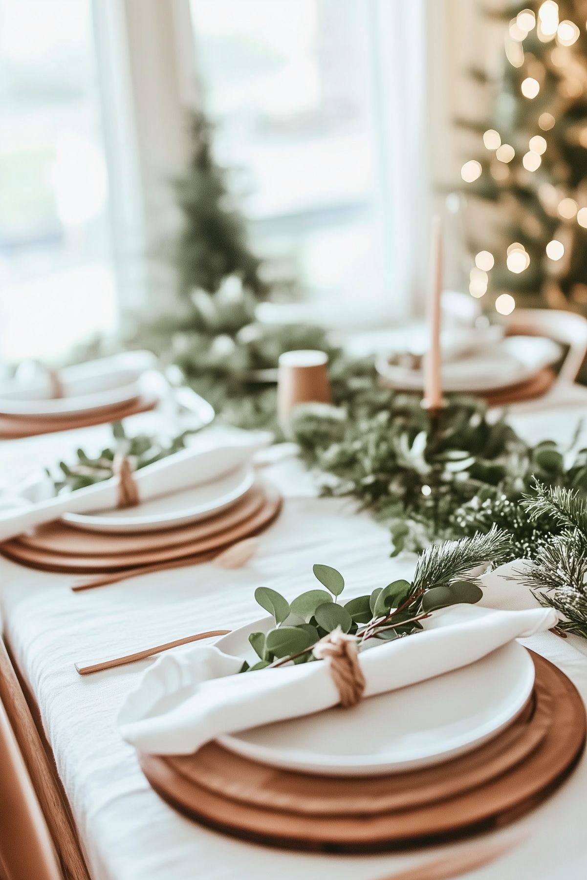 Minimalist holiday table setting with natural wood chargers, fresh greenery, and simple white linens, creating an understated and cozy Christmas look.