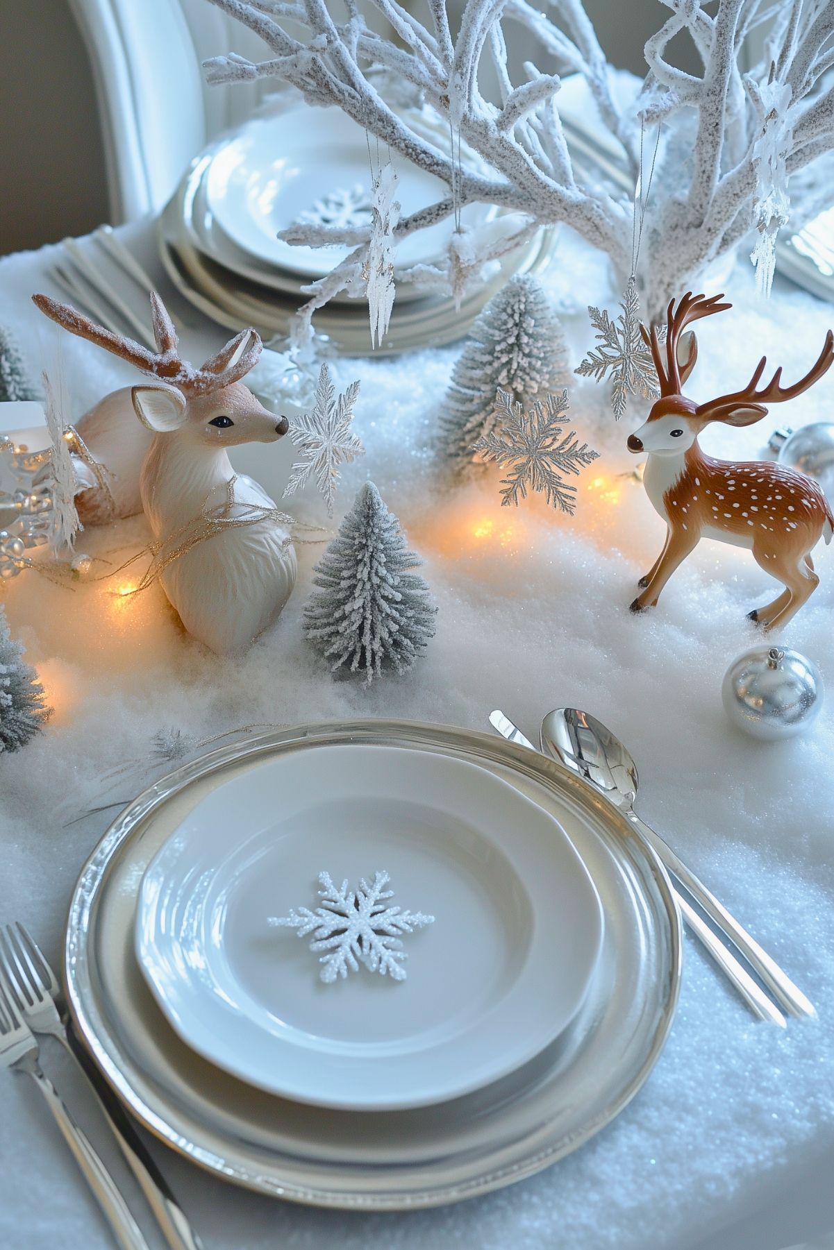 Whimsical winter wonderland table setting with snowy decor, silver accents, and charming deer figurines, capturing a magical holiday scene.