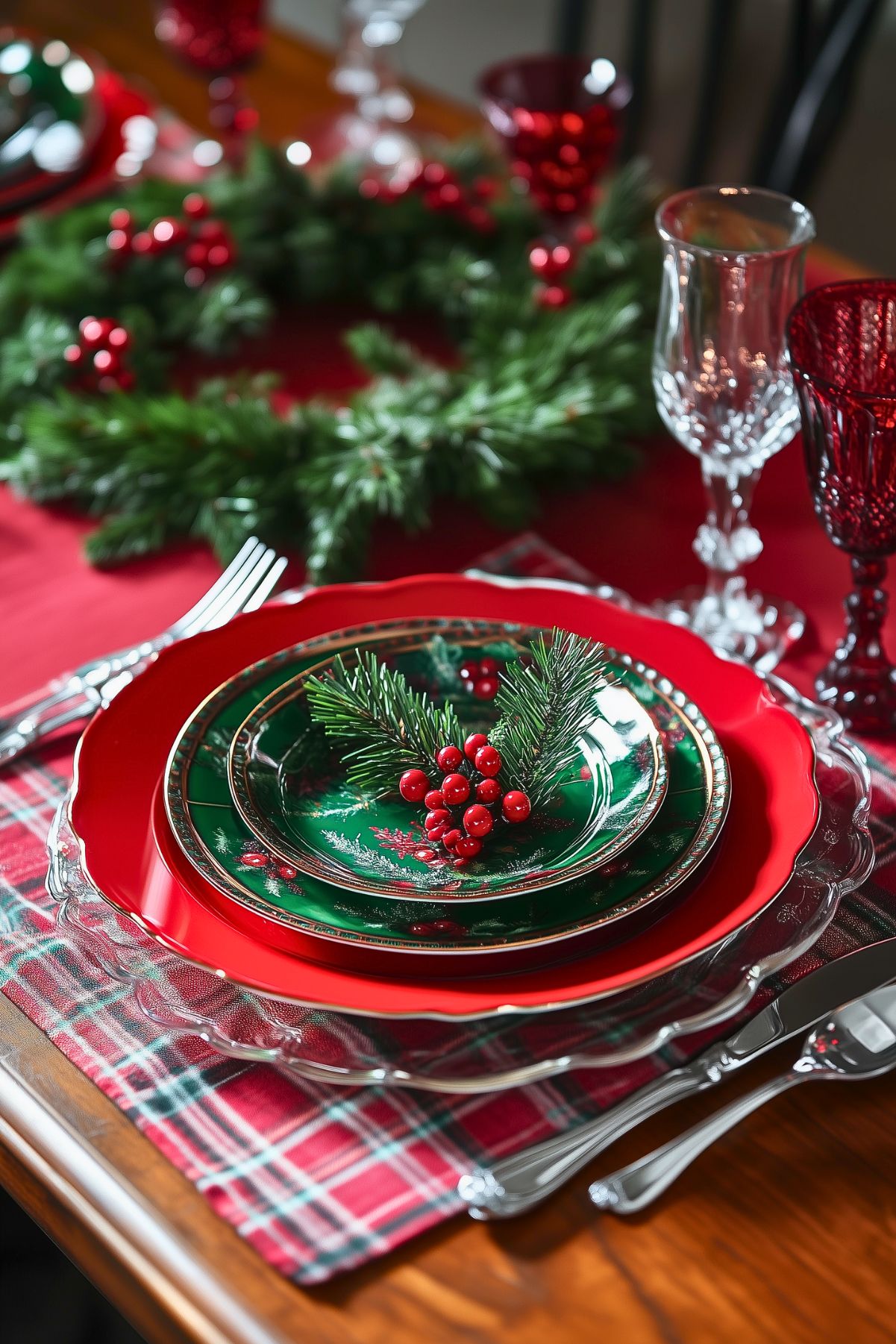 Classic Christmas table setting with vibrant red and green plates, plaid accents, and berry garnishes, evoking a festive holiday spirit.