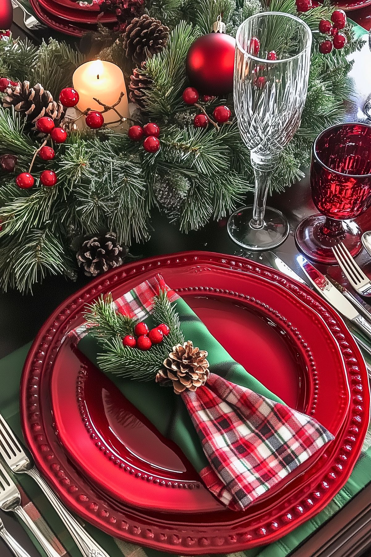 Festive holiday place setting with bright red dinnerware, a plaid napkin accented with evergreen, berries, and a pinecone, set alongside a lush evergreen garland with pinecones, red ornaments, and a lit candle, creating a vibrant Christmas atmosphere.