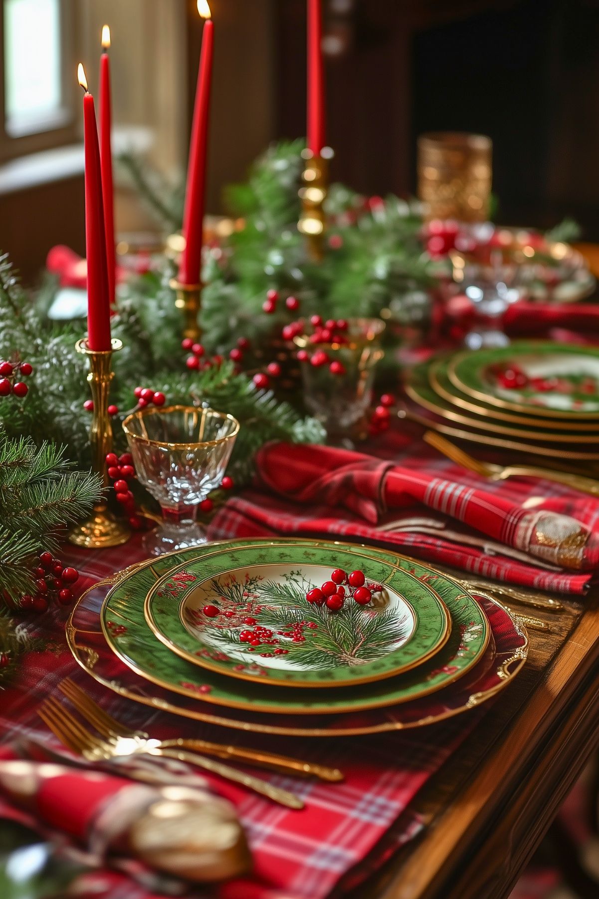 Traditional Christmas table setting with festive green and red plates, plaid napkins, and red taper candles, creating a warm holiday atmosphere