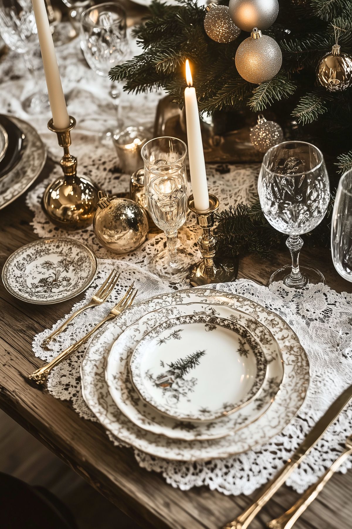 Vintage-inspired holiday table with ornate china, gold accents, and lace details, creating a classic and elegant Christmas ambiance.