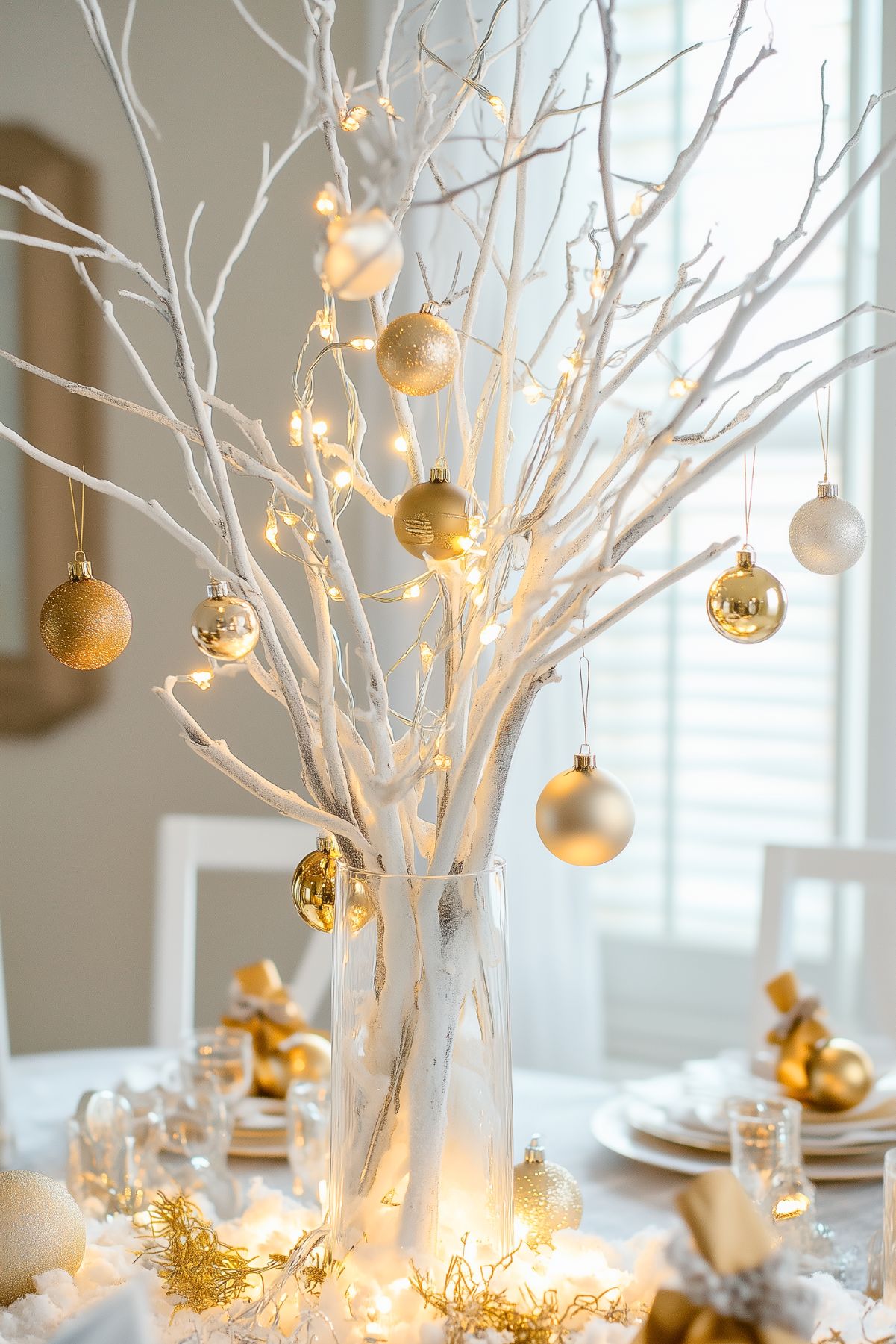 Modern winter centerpiece with white branches, gold ornaments, and warm string lights in a tall glass vase, creating an elegant, minimalist holiday display.