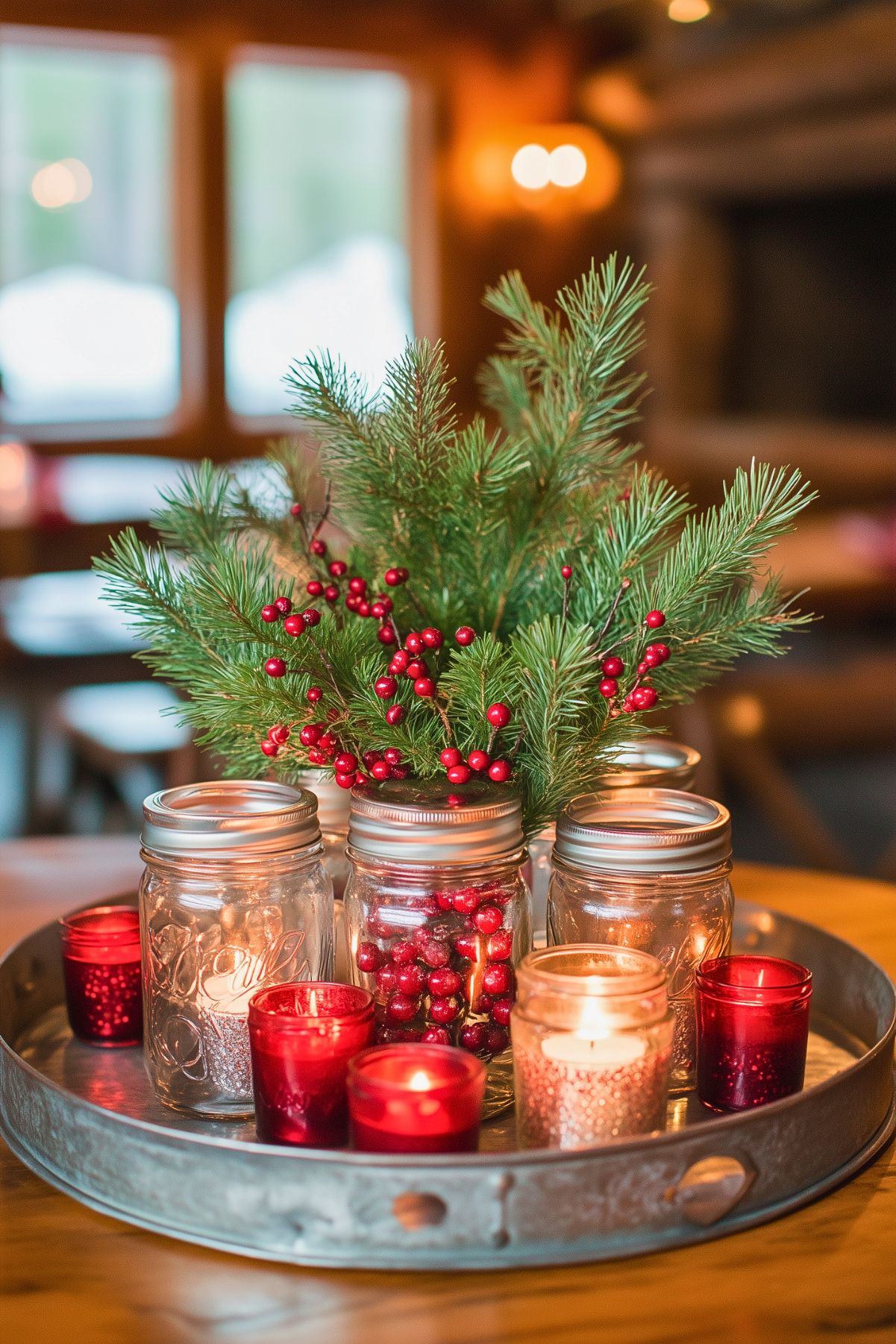 Rustic holiday centerpiece with mason jars, pine sprigs, red berries, and candles, creating a warm, cozy Christmas vibe.