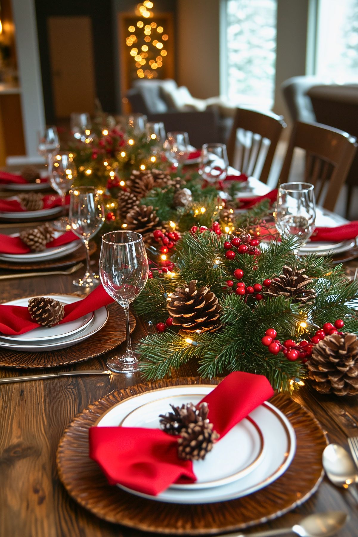 Festive holiday table setting with evergreen garland, pinecones, red berries, and warm string lights, complemented by red napkins and pinecone accents on each plate, creating a cozy and inviting atmosphere.