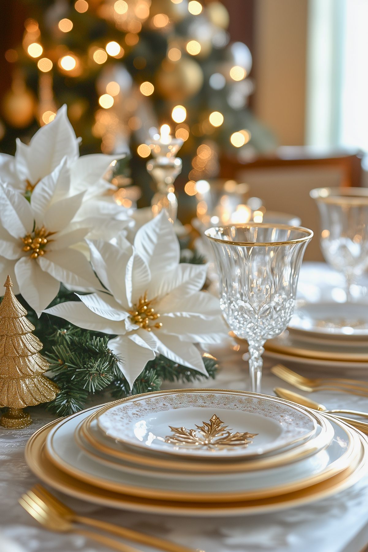 Elegant Christmas table with gold accents, white poinsettias, and crystal glassware, creating a refined holiday setting with festive sparkle.