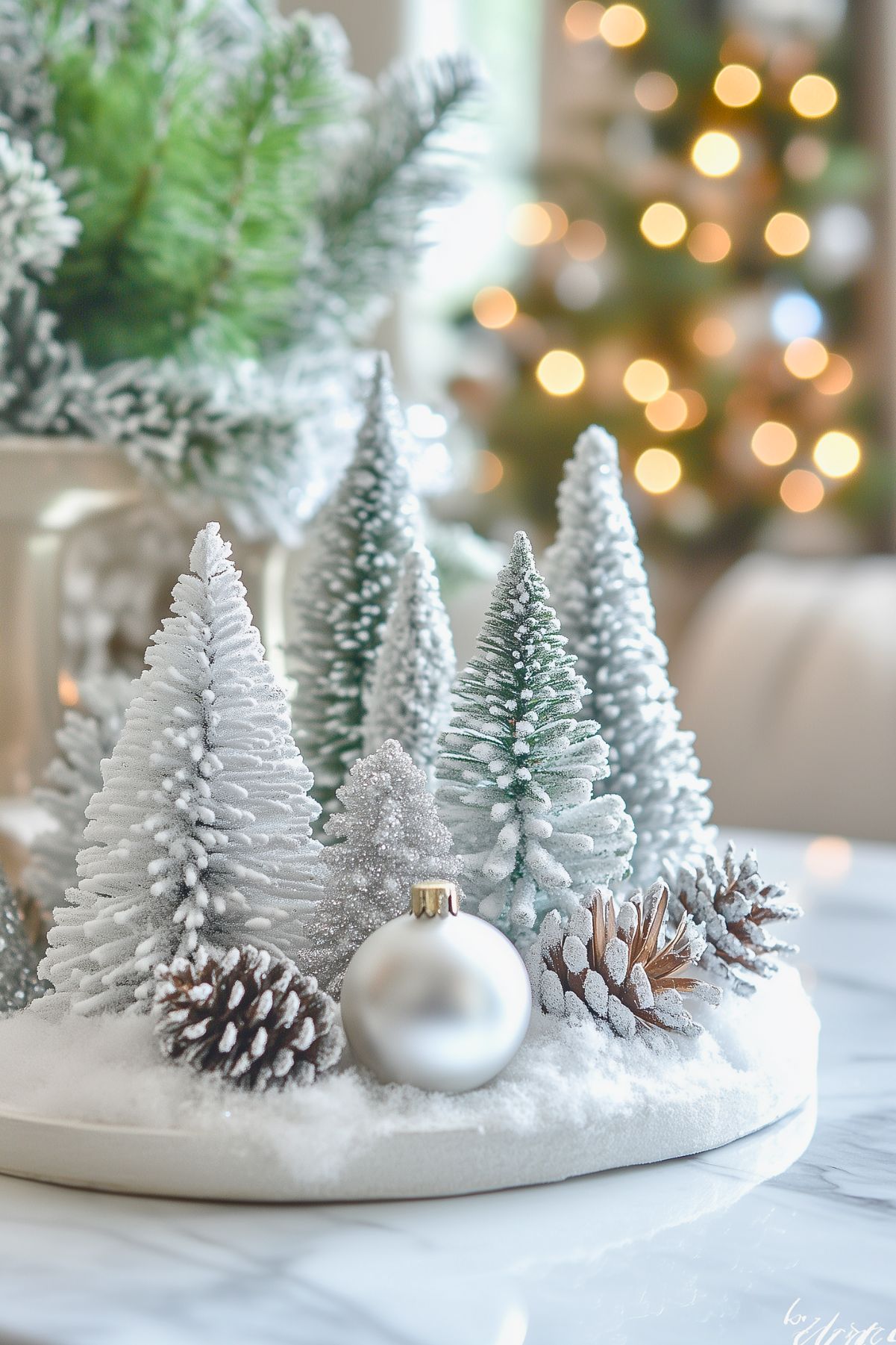 Elegant winter centerpiece with frosted mini trees, pinecones, and a silver ornament, creating a serene snowy scene for holiday decor.