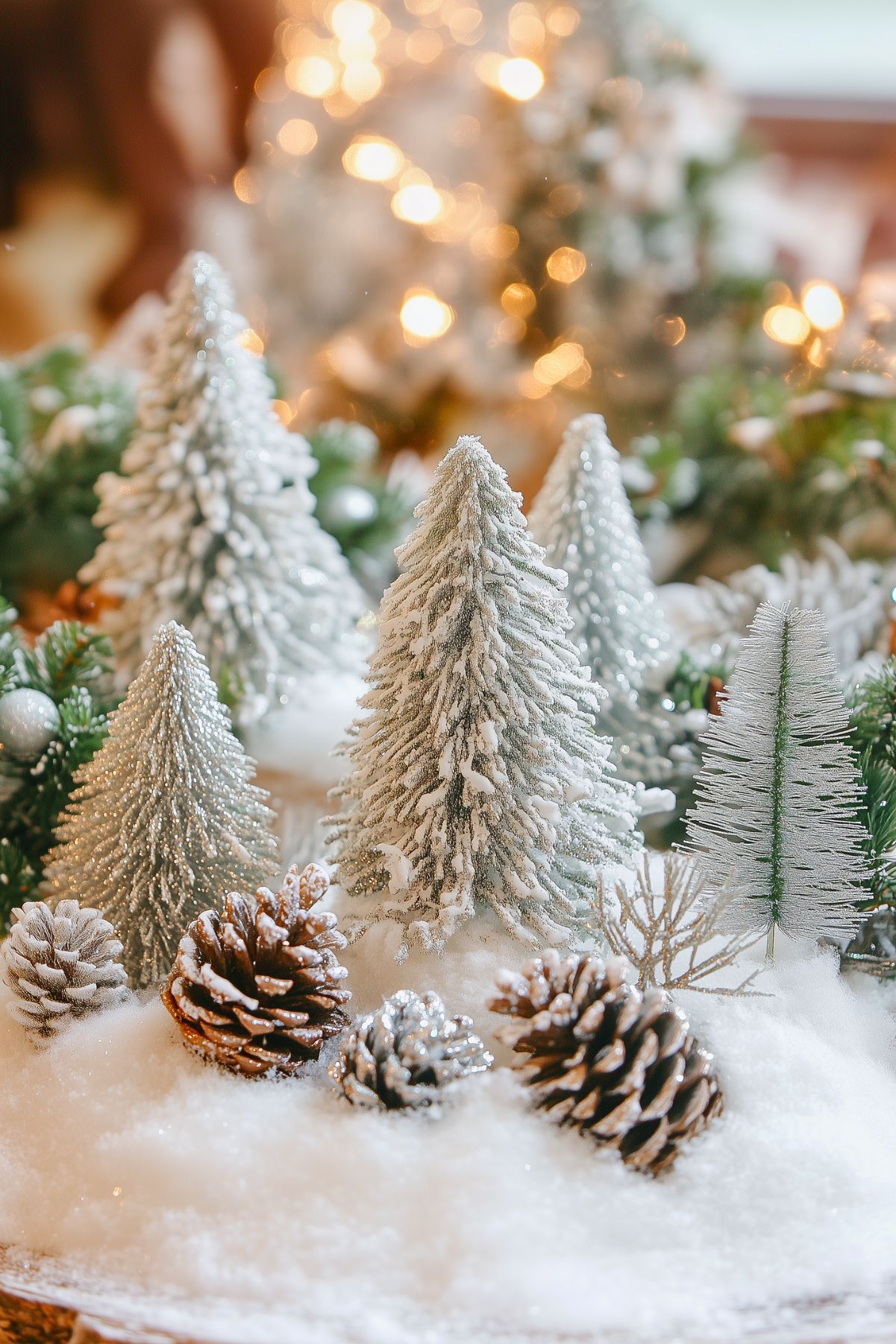 Winter wonderland centerpiece with snowy miniature trees, frosted pinecones, and white faux snow, creating a serene holiday forest scene.