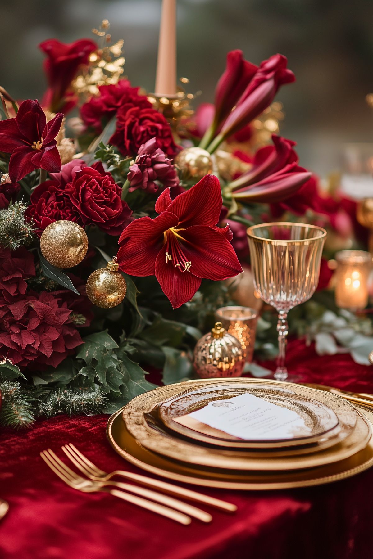 Elegant holiday table setting with deep red flowers, gold ornaments, luxurious red velvet tablecloth, gold-rimmed plates, and glassware, creating a rich, festive atmosphere.