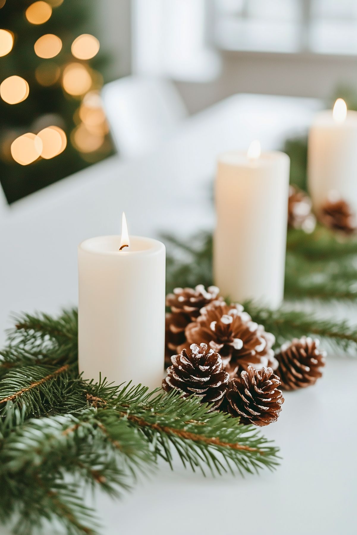 Minimalist holiday centerpiece with white pillar candles, pinecones, and evergreen branches, creating a simple and elegant winter display.