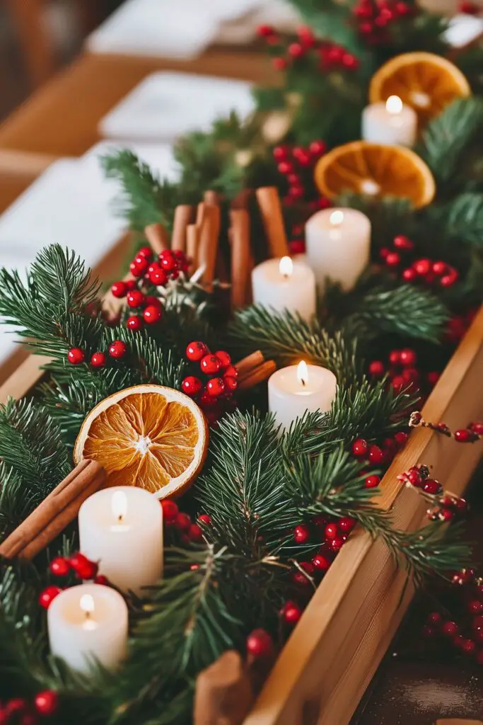 Natural holiday centerpiece with evergreen branches, red berries, cinnamon sticks, dried orange slices, and small white candles, creating a warm and festive look.