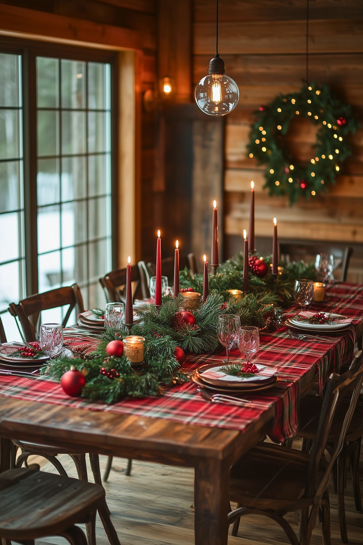 Rustic Christmas table setting with plaid table runner, tall red candles, evergreen garland, red ornaments, and cozy holiday decor, with a lit wreath in the background.