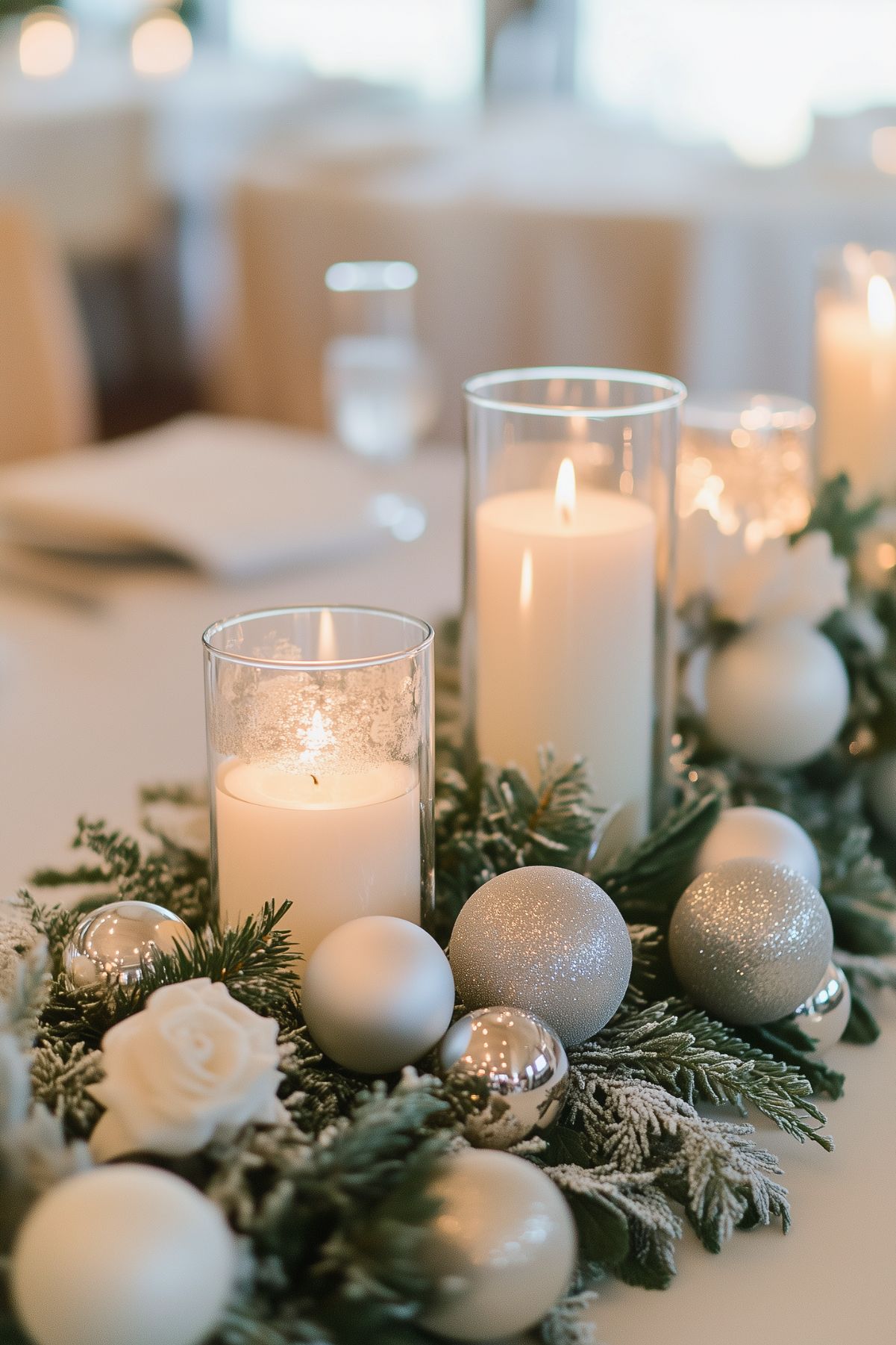 Soft, elegant holiday centerpiece with frosted greenery, white candles, and silver ornaments, creating a serene and sophisticated winter ambiance.