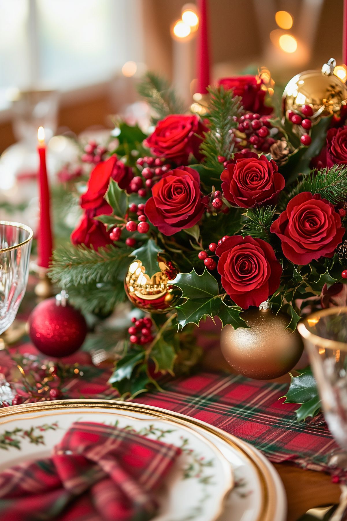 Traditional holiday table setting with a centerpiece of red roses, holly, evergreen branches, red berries, and gold ornaments on a plaid table runner, creating a classic Christmas ambiance.