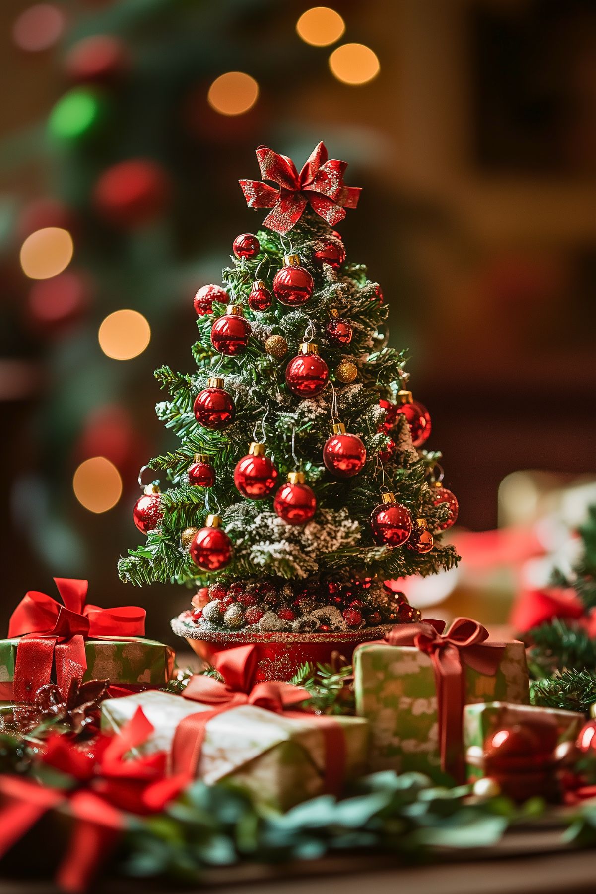 Miniature Christmas tree adorned with red ornaments and a red bow topper, surrounded by wrapped gifts with festive bows, creating a cheerful holiday centerpiece.