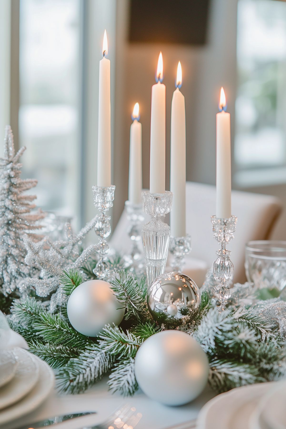 Elegant winter centerpiece with crystal candleholders, tall white candles, frosted evergreen branches, and silver ornaments, creating a sophisticated, icy holiday theme.