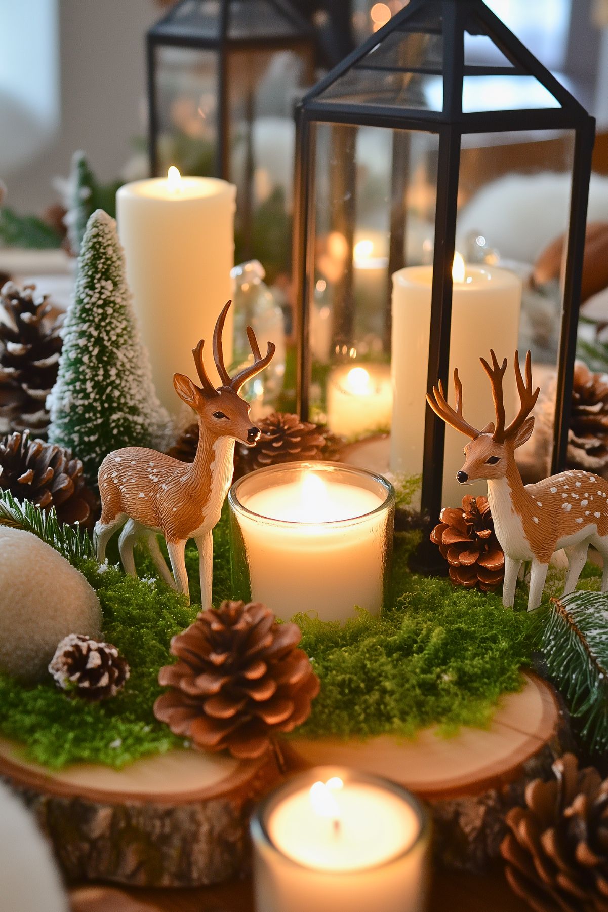 Woodland-themed holiday centerpiece featuring candles, miniature deer, pinecones, moss, and a lantern, creating a cozy and rustic winter scene.