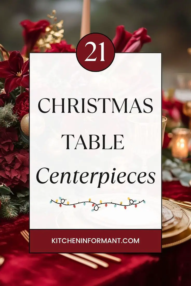 Christmas Kitchen Decor. Festive holiday tablescape with a deep red velvet tablecloth, gold flatware, candles, and a lush red floral centerpiece with greenery and ornaments. Overlaid text: “21 CHRISTMAS TABLE Centerpieces.” Footer: “KITCHENINFORMANT.COM,” with a string of colorful Christmas lights. SEO: Christmas table centerpiece ideas, holiday table decor, dining table centerpiece.