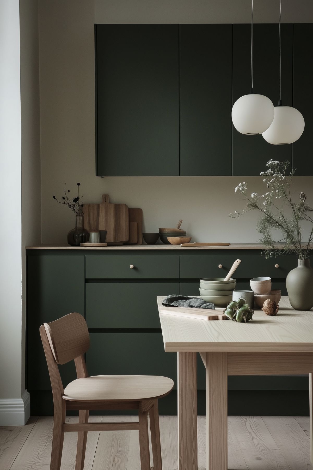 A minimalist kitchen with sleek dark green cabinets, light wood countertops, and natural wood furniture. Simple decor includes cutting boards, bowls, and a vase with dried flowers, creating a clean and calming atmosphere.