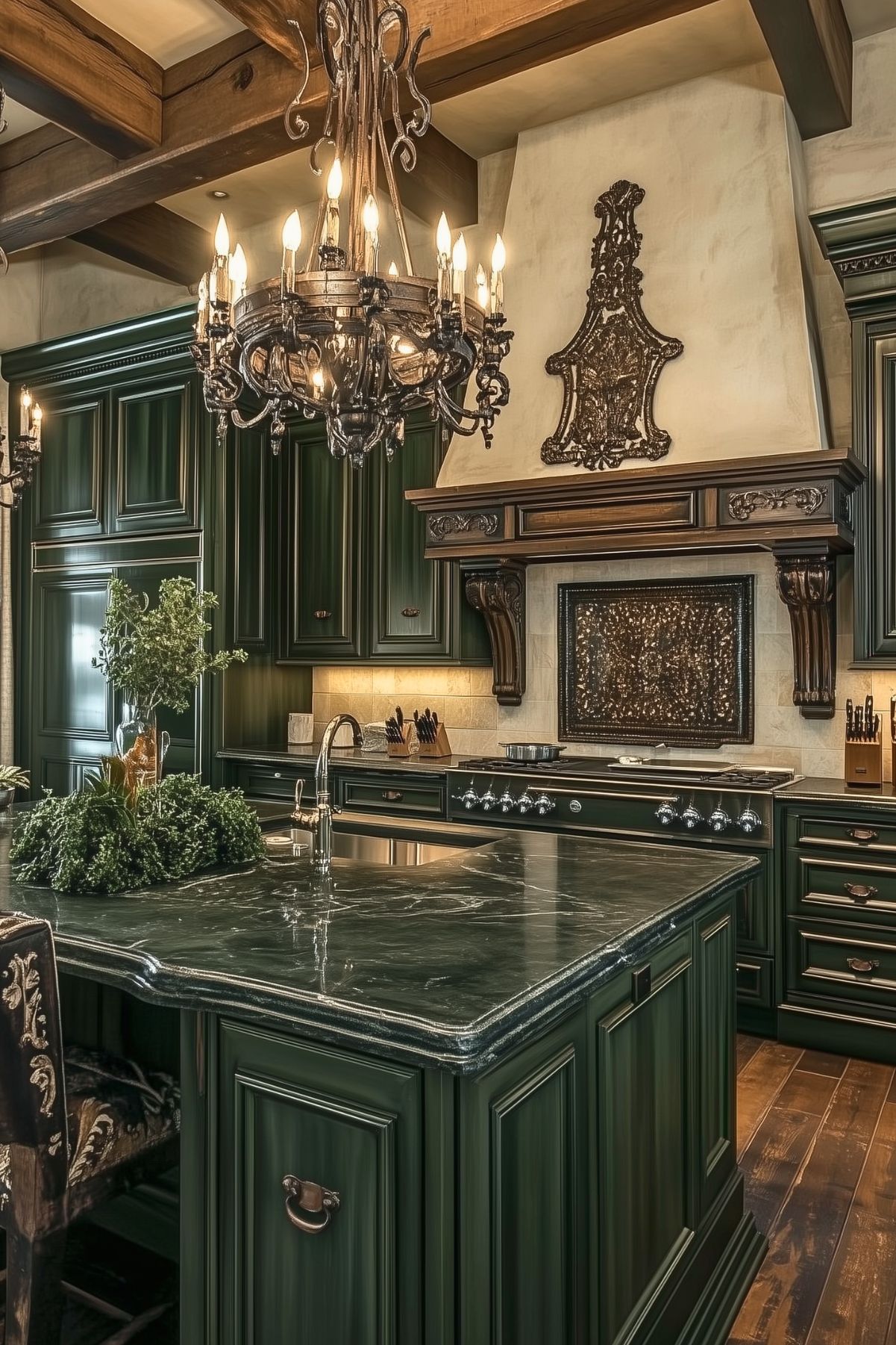 A luxurious kitchen featuring dark green cabinets with intricate woodwork and a large island with a polished dark green marble countertop. The ornate chandelier adds a touch of elegance, hanging from a ceiling with exposed wooden beams. The backsplash and range hood are decorated with classical elements, complementing the rich and opulent feel of the space. The island includes a farmhouse sink, and fresh greenery is placed as a centerpiece, enhancing the kitchen's warm, inviting atmosphere.